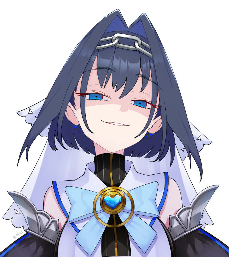 1girl, black_shirt, blue_bow, blue_eyes, blue_gem, blue_hair, bow, bow_earrings