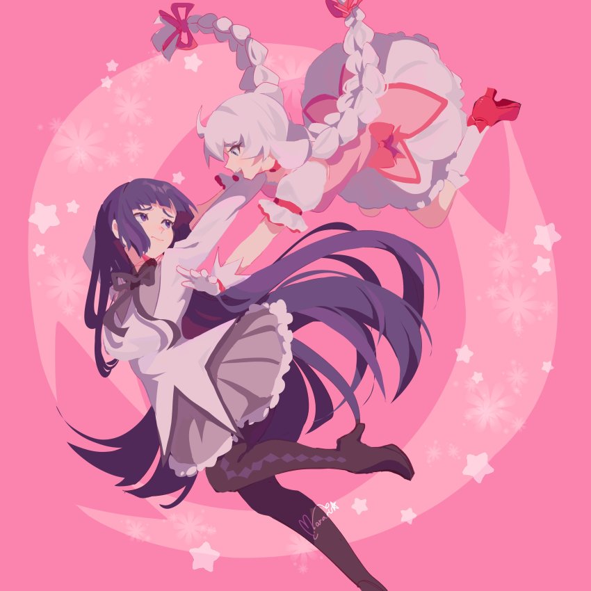 2girls, absurdres, akemi_homura, akemi_homura_(cosplay), akemi_homura_(magical_girl), alternate_costume, artist_name, bow