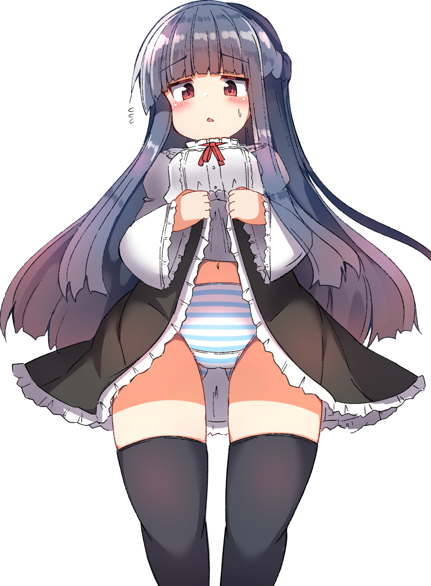 1girl, absurdres, black_hair, black_skirt, black_thighhighs, blush, braid, breasts