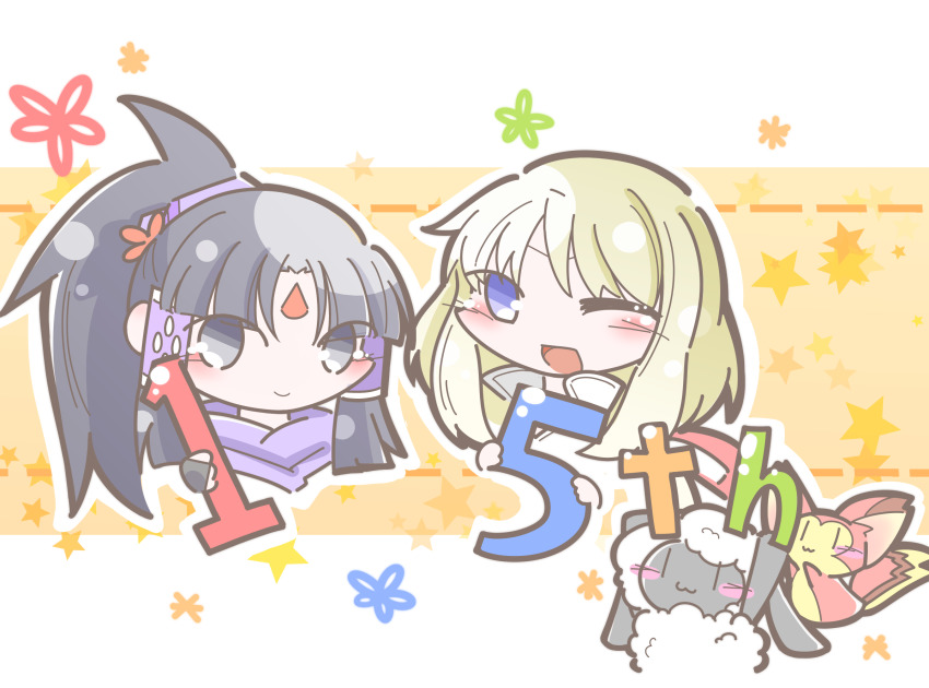 2girls, :3, anniversary, black_eyes, black_hair, blonde_hair, blush, chibi