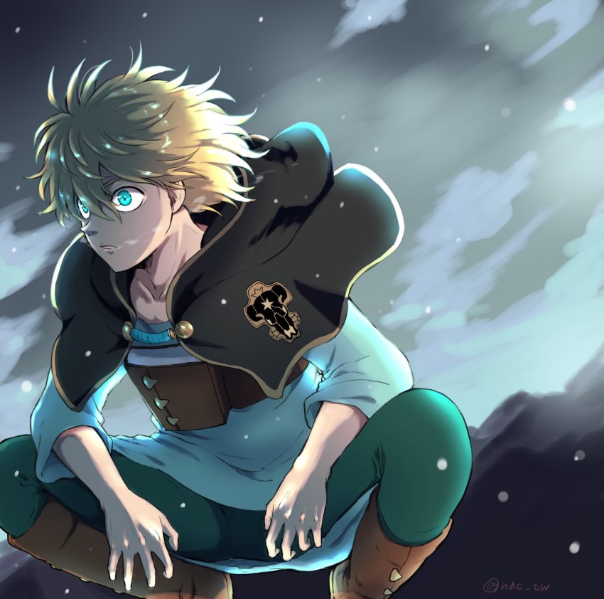 1boy, black_bulls_(emblem), black_capelet, black_clover, blonde_hair, blue_eyes, brown_footwear, capelet