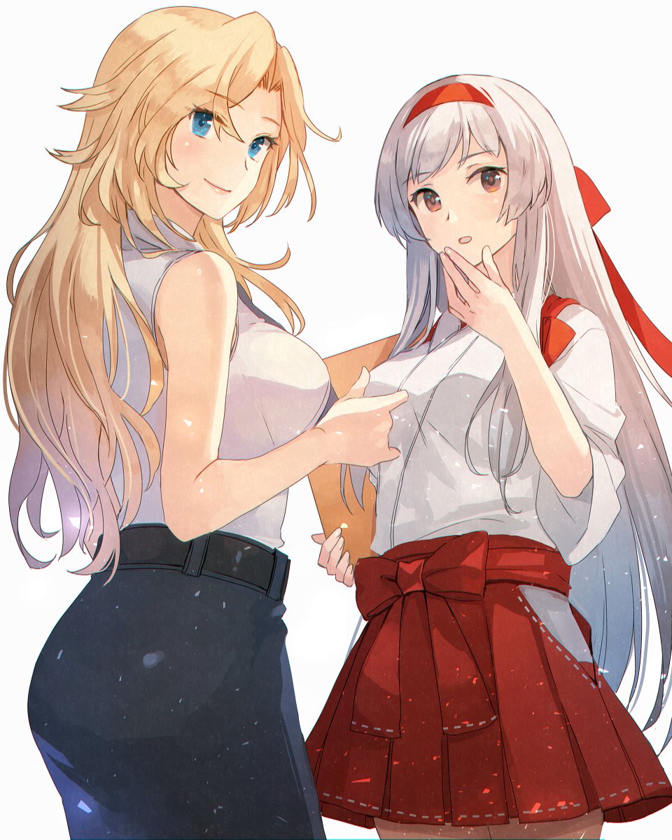 2girls, belt, black_belt, black_skirt, blonde_hair, blue_eyes, brown_eyes, closed_mouth