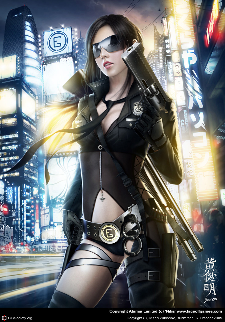 1girl, bad_cgsociety_id, bad_id, belt, black_hair, breasts, brown_hair, city, cleavage, cuffs, female_focus, glasses, gun, handcuffs, handgun, long_hair, mario_wibisono, necktie, night, police, revolver, shotgun, solo, sunglasses, weapon