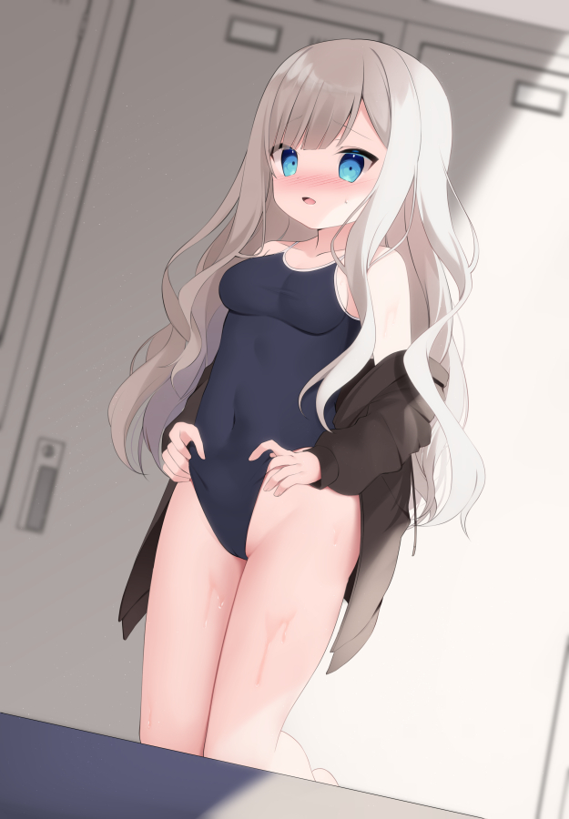 1girl, bare_shoulders, black_jacket, black_one-piece_swimsuit, blue_eyes, blurry, blurry_background, blush, breasts, character_request, clothes_lift, commentary_request, covered_navel, depth_of_field, frontal_wedgie, grey_hair, groin, indoors, jacket, kneeling, lifting_own_clothes, locker, locker_room, long_hair, looking_at_viewer, medium_breasts, nose_blush, off_shoulder, one-piece_swimsuit, open_clothes, open_jacket, open_mouth, school_swimsuit, solo, sweat, swimsuit, swimsuit_lift, talesrunner, usagimiko, very_long_hair, wedgie