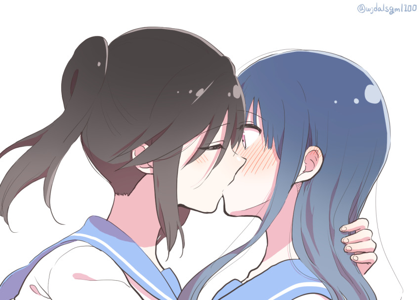 2girls, black_hair, blush, closed_eyes, hibike!_euphonium, kasaki_nozomi, kiss, kumaman