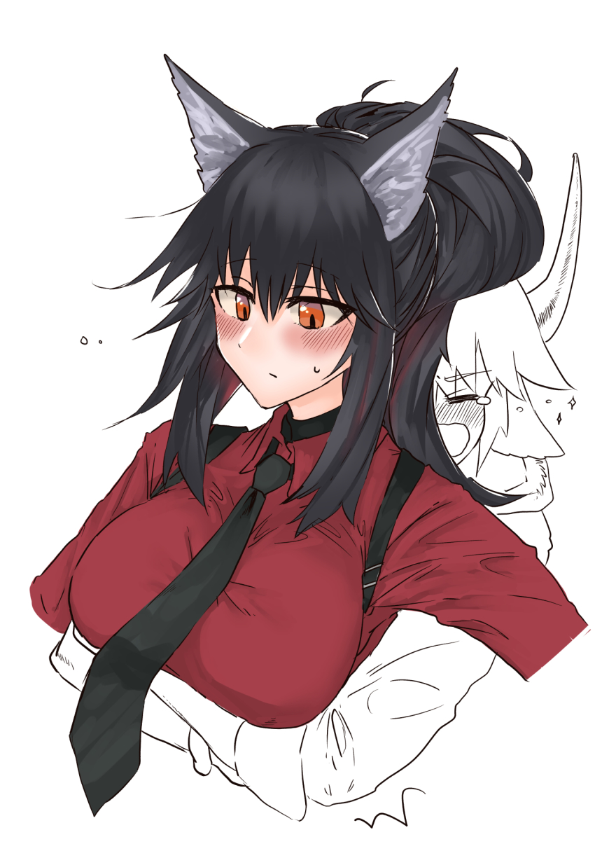 1boy, 1girl, animal_ears, arknights, arms_under_breasts, bison_(arknights), black_hair, black_necktie