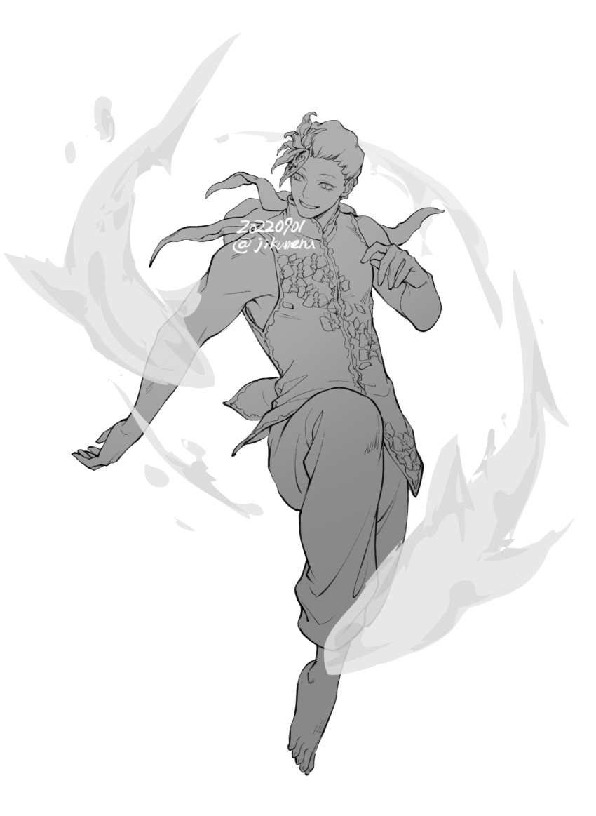 1boy, acrobatics, animal, barefoot, chinese_clothes, dolphin, flexible, floral_print