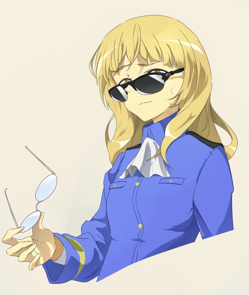 1girl, absurdres, ascot, blonde_hair, blue_jacket, closed_mouth, cropped_torso, glasses