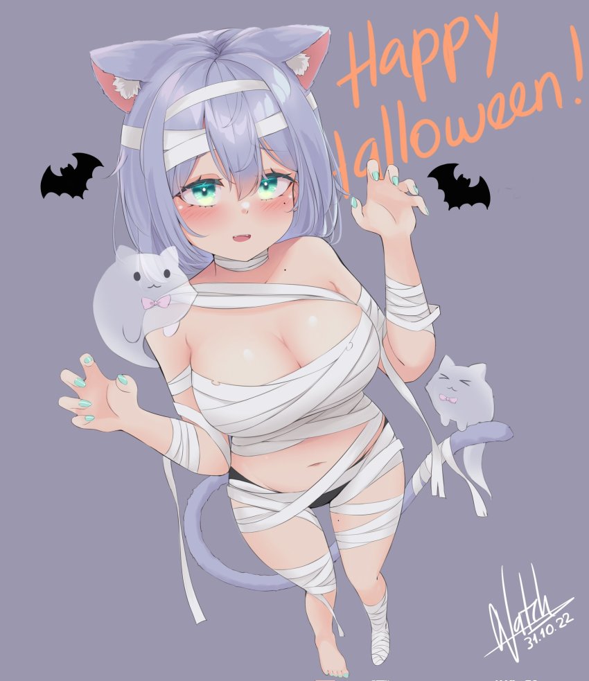 1girl, animal_ear_fluff, animal_ears, bandages, bat_(animal), breasts, cat_ears, cat_girl