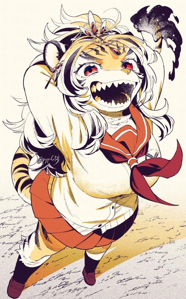1girl, animal_ears, animal_nose, arms_behind_head, arms_up, black_fire, brown_theme, durga_(housamo)