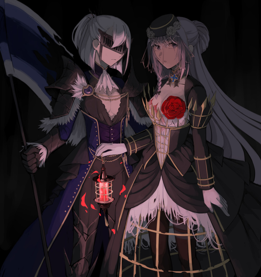 2girls, arm_at_side, ascot, blue_coat, blunt_ends, boots, breasts, brown_pants