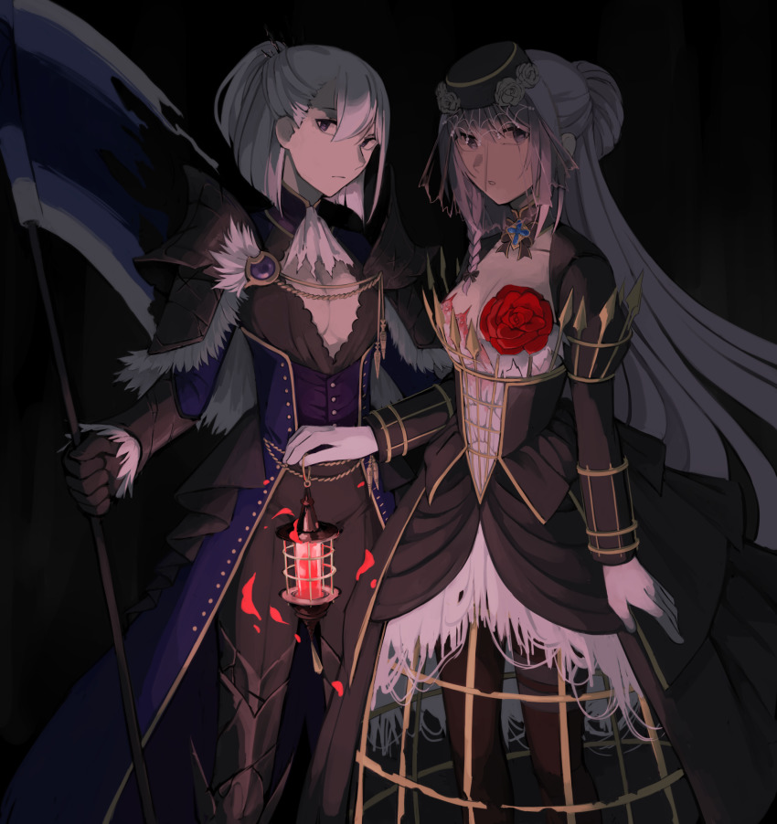 2girls, arm_at_side, ascot, blue_coat, blunt_ends, boots, breasts, brown_pants