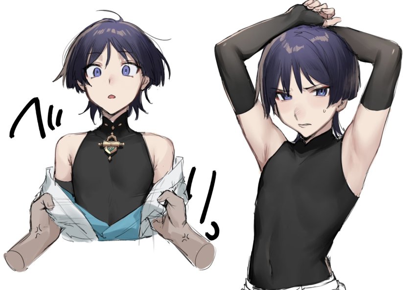 2boys, anger_vein, armor, arms_up, blush, closed_mouth, commentary_request, eyeshadow