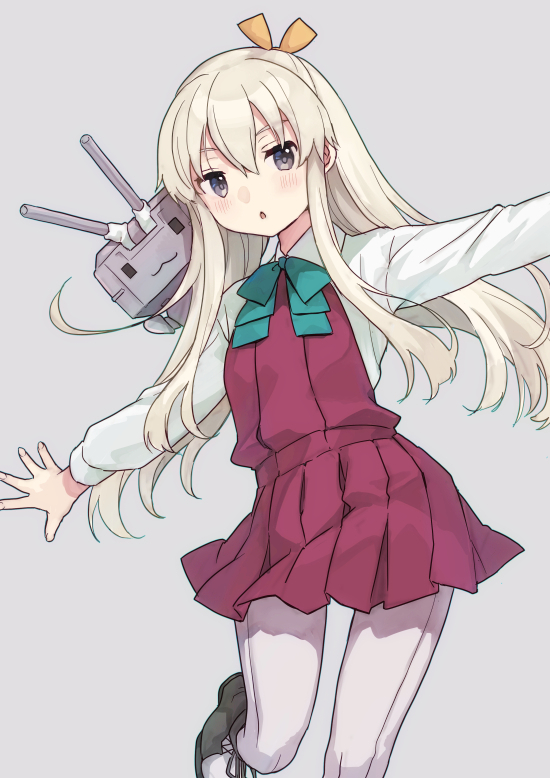 1girl, aqua_bow, aqua_bowtie, blonde_hair, blush, bow, bowtie, collared_shirt, cosplay, dress, grey_background, grey_eyes, grey_pantyhose, hair_between_eyes, kantai_collection, long_hair, long_sleeves, mitsuyo_(mituyo324), naganami_(kancolle), naganami_(kancolle)_(cosplay), outstretched_arms, pantyhose, parted_lips, pleated_dress, purple_dress, rensouhou-chan, shimakaze_(kancolle), shirt, simple_background, spread_arms, white_shirt