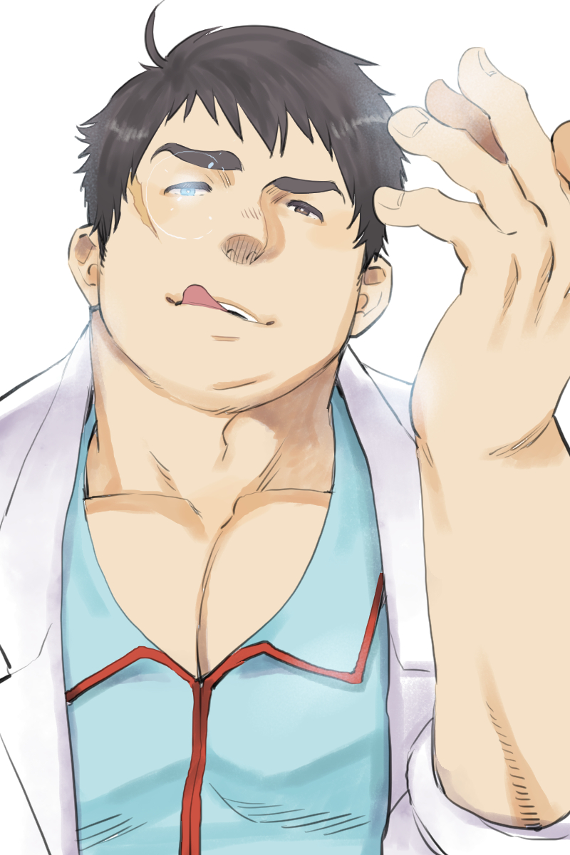 1boy, arima_mineaki, arm_up, bara, blue_eyes, blue_shirt, brown_eyes, brown_hair