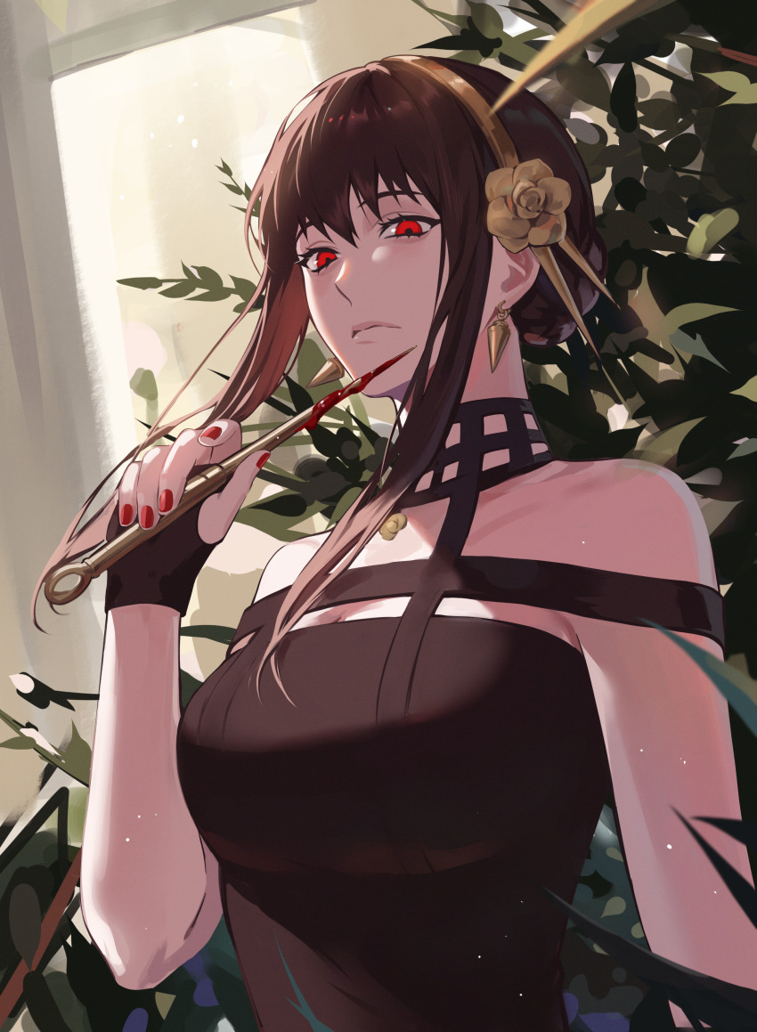 1girl, absurdres, bare_shoulders, black_dress, black_hair, blood, bloody_weapon, breasts, cleavage, dress, earrings, fingerless_gloves, flower, gloves, hair_flower, hair_ornament, hairband, hand_up, highres, holding, holding_needle, indoors, jewelry, large_breasts, long_hair, medium_breasts, mond_sl, nail_polish, needle, red_eyes, red_nails, solo, spy_x_family, upper_body, weapon, yor_briar