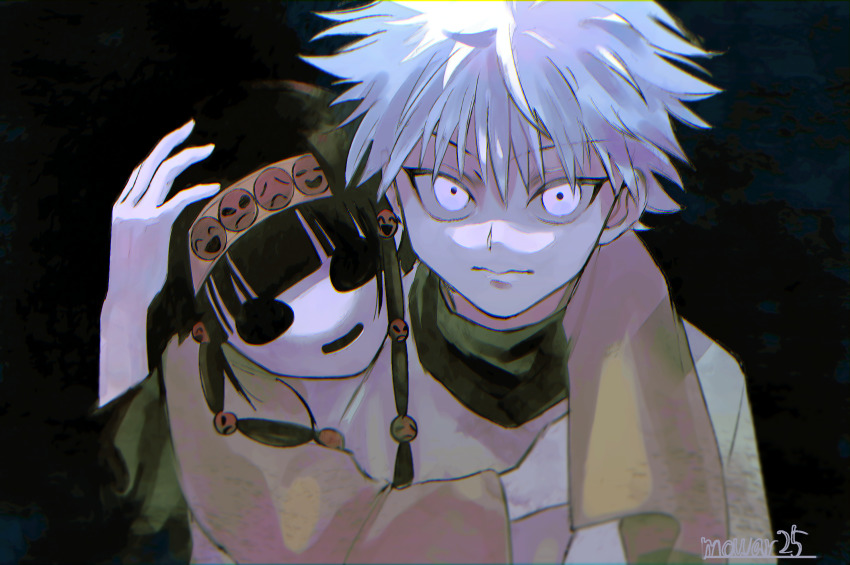 1boy, 1other, angry, artist_name, black_background, black_hair, blunt_bangs, closed_mouth