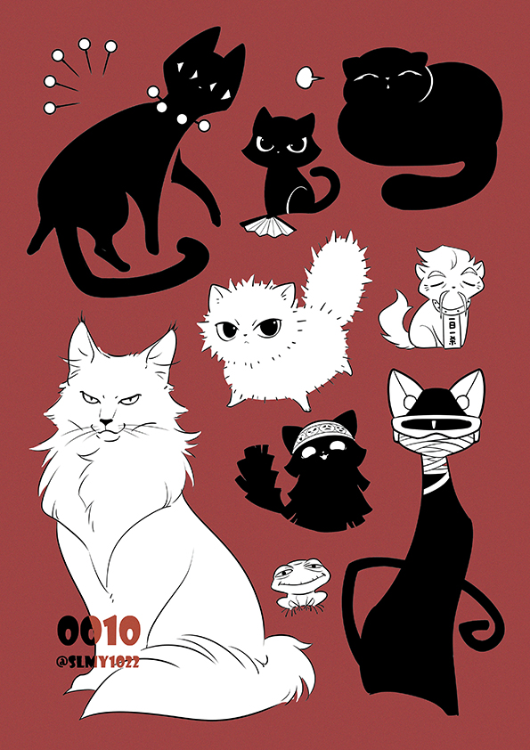 alluka_zoldyck, animal, animal_focus, animalization, bandaged_head, bandages, black_cat, cat, collar, covered_face, family, folding_fan, frog, frown, full_body, fume, hairband, hand_fan, head-mounted_display, hunter_x_hunter, illumi_zoldyck, kalluto_zoldyck, kariki_hajime, kikyou_zoldyck, killua_zoldyck, looking_at_viewer, mask, milluki_zoldyck, monochrome, nanika_(hunter_x_hunter), no_humans, odd_one_out, pin, red_background, silva_zoldyck, simple_background, smile, twitter_username, white_cat, zeno_zoldyck