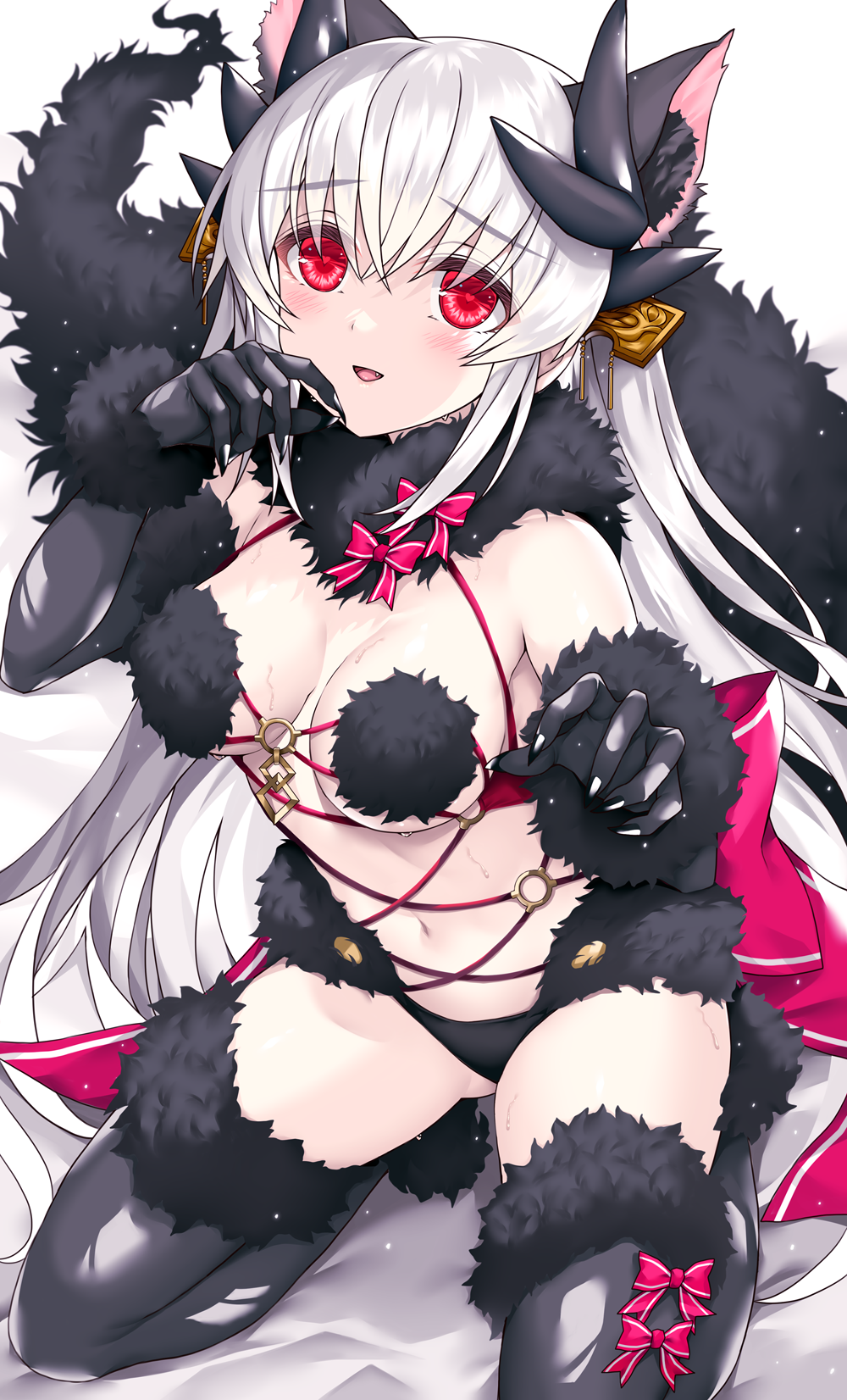 1girl, animal_ears, bare_shoulders, black_gloves, black_horns, black_panties, black_thighhighs, blush, bow, breasts, cleavage, cosplay, dragon_girl, dragon_horns, elbow_gloves, fate/grand_order, fate_(series), fur-trimmed_gloves, fur-trimmed_legwear, fur_collar, fur_trim, gloves, hair_ornament, highres, horns, kiyohime_(fate), kneeling, lace, lace-trimmed_legwear, lace_trim, long_hair, looking_at_viewer, mash_kyrielight, mash_kyrielight_(dangerous_beast), mash_kyrielight_(dangerous_beast)_(cosplay), medium_breasts, morizono_shiki, multiple_horns, navel, o-ring, open_mouth, panties, red_bow, red_eyes, revealing_clothes, smile, solo, tail, thighhighs, thighs, underwear, voice_actor_connection, white_hair, wolf_ears, wolf_tail