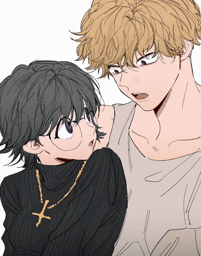 1boy, black_hair, black_sweater, blonde_hair, breasts, cross, cross_necklace, eye_contact