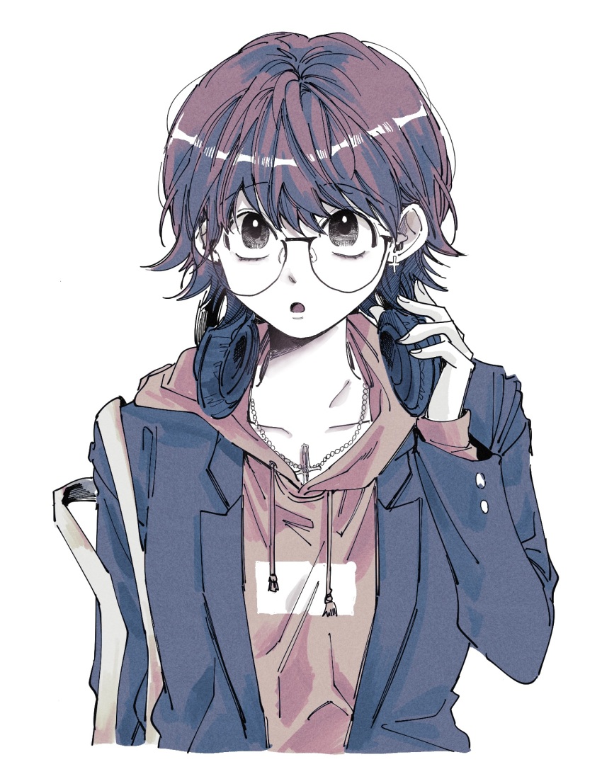 1girl, :o, alternate_costume, blazer, cross, cross_earrings, cross_necklace, drawstring