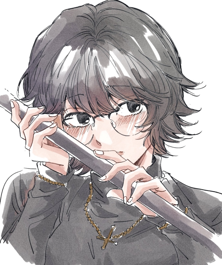 1girl, black_hair, black_sweater, blush, cross, cross_necklace, fingernails, glasses