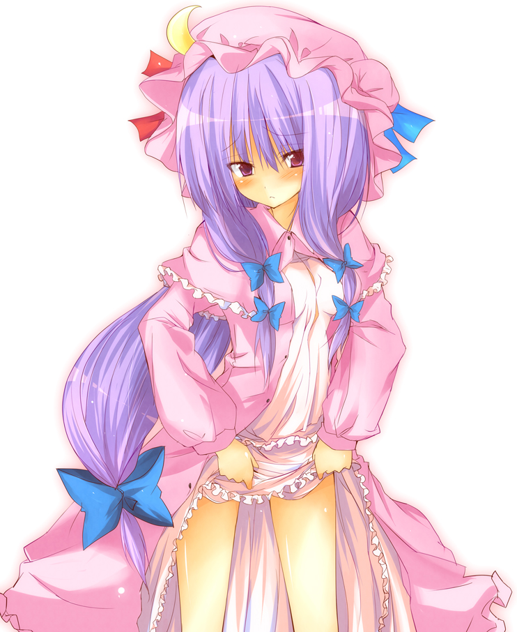 1girl, bad_id, bad_pixiv_id, blush, clothes_lift, female_focus, gradient_background, hair_ribbon