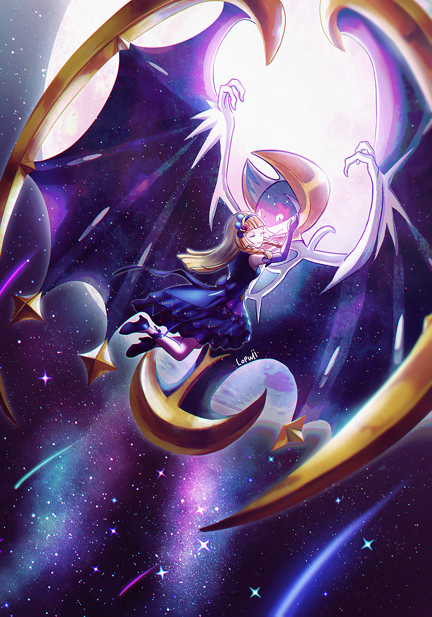 1girl, blonde_hair, blue_dress, blue_footwear, blue_hairband, blunt_bangs, braid, closed_eyes, closed_mouth, dress, elbow_gloves, flower, gen_7_pokemon, gloves, hair_flower, hair_ornament, hairband, hand_up, high_heels, highres, legendary_pokemon, lillie_(anniversary_2021)_(pokemon), lillie_(pokemon), long_hair, lopuii, lunala, moon, nintendo, official_alternate_costume, outdoors, pink_flower, pokemon, pokemon_(creature), pokemon_masters_ex, signature, sleeveless, sleeveless_dress, smile, star_(sky), twin_braids