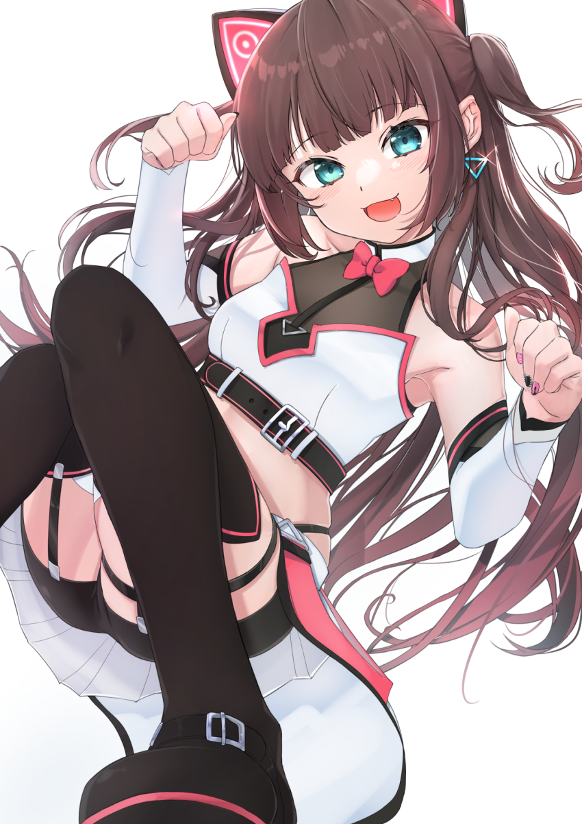 1girl, :d, aqua_eyes, armpits, bike_shorts, black_nails, black_thighhighs, blunt_bangs