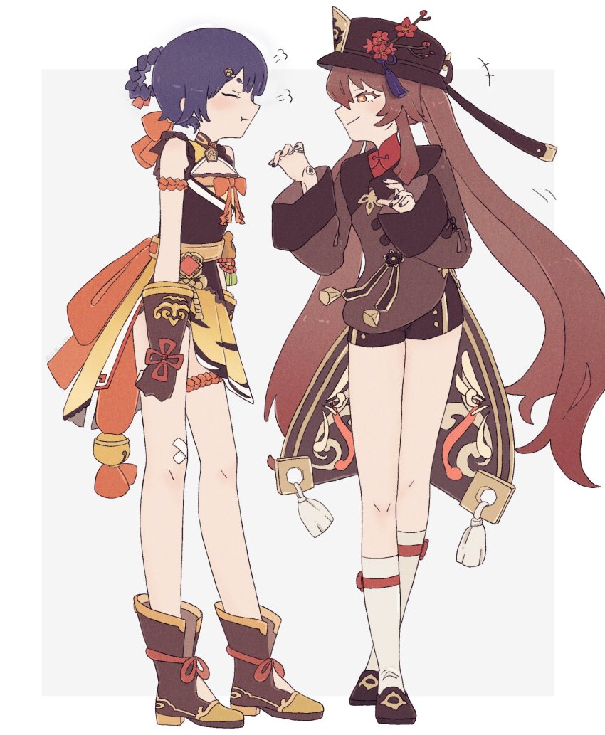 2girls, :t, anni_(556_an), bandaid, bandaid_on_knee, bandaid_on_leg, bare_shoulders, bell