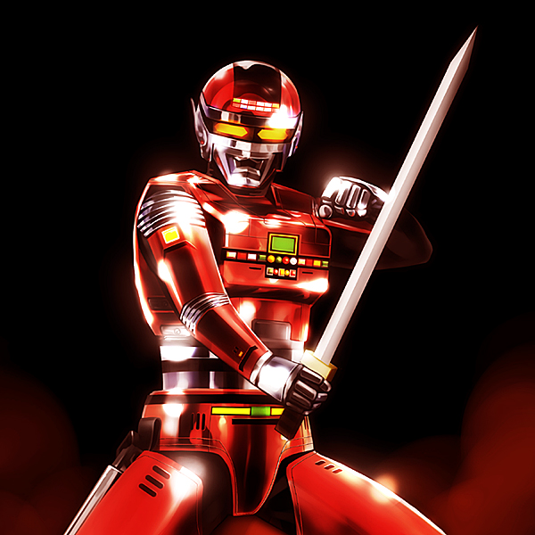 bad_id, bad_pixiv_id, glowing, glowing_eyes, male_focus, metal_hero, red_theme, sharivan