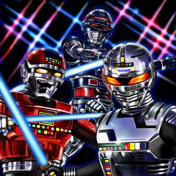 3boys, bodysuit, energy_sword, gavan, helmet, looking_at_viewer, machinery, male_focus