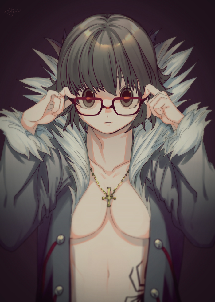 1girl, adjusting_eyewear, black_background, black_coat, black_eyes, black_hair, blurry, breasts, chrollo_lucilfer, chrollo_lucilfer_(cosplay), closed_mouth, coat, cosplay, cross, cross_necklace, depth_of_field, fur-trimmed_coat, fur-trimmed_collar, fur-trimmed_sleeves, fur_trim, glasses, hands_on_eyewear, hands_up, hunter_x_hunter, inverted_cross, jewelry, long_sleeves, looking_at_viewer, medium_breasts, motakokun, naked_coat, necklace, open_clothes, open_coat, red-framed_eyewear, shizuku_murasaki, short_hair, solo, spider_tattoo, stomach_tattoo, tattoo, underboob