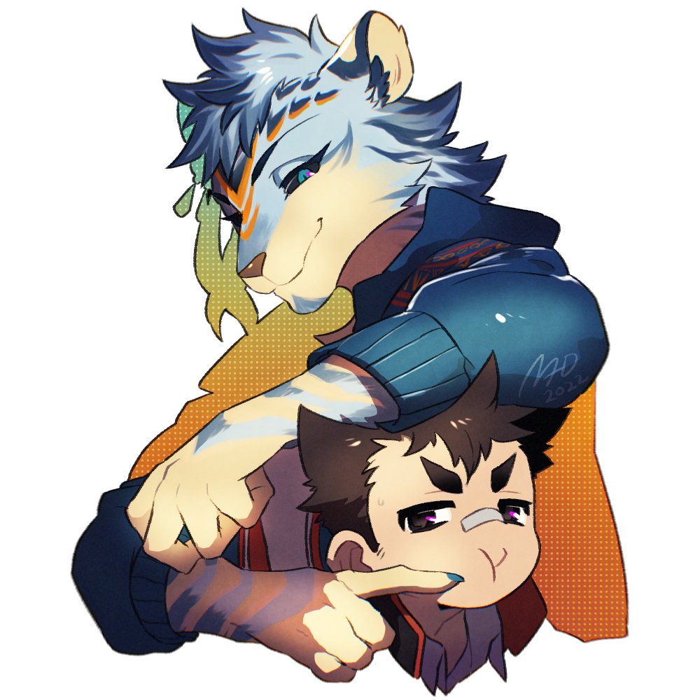 2022, 2boys, :t, animal_ears, animal_nose, black_eyes, black_sclera, blue_eyes, blue_fur, blue_hair, blue_jacket, blue_nails, brown_hair, cheek_poking, closed_mouth, collared_shirt, colored_sclera, commentary_request, earrings, furry, furry_male, ixbalanque_(housamo), jacket, jaguar_boy, jaguar_ears, jewelry, looking_at_another, looking_to_the_side, male_focus, protagonist_1_(housamo), mid_(mid_skb), multiple_boys, nail_polish, poking, screentones, shirt, short_hair, signature, simple_background, smile, snout, sweatdrop, tokyo_houkago_summoners, upper_body, v-shaped_eyebrows, white_background