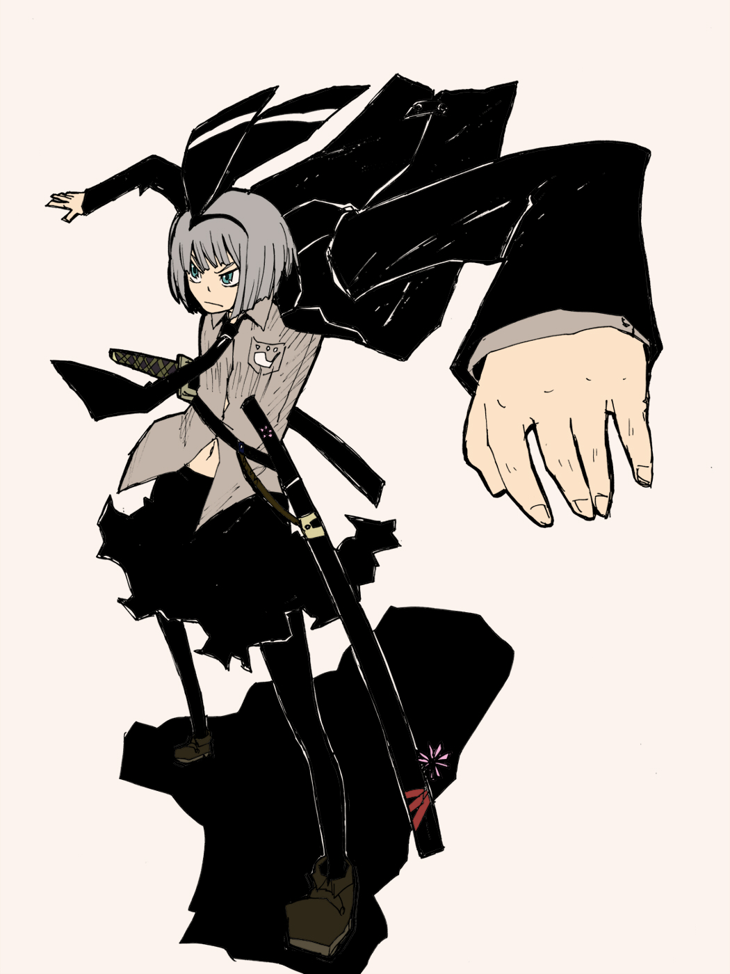 1girl, alternate_costume, arms_up, black_pantyhose, contemporary, female_focus, flat_color, foreshortening