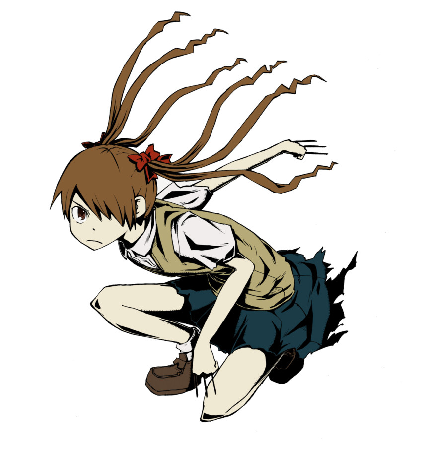 1girl, between_fingers, bow, brown_eyes, brown_hair, female_focus, flat_color, full_body