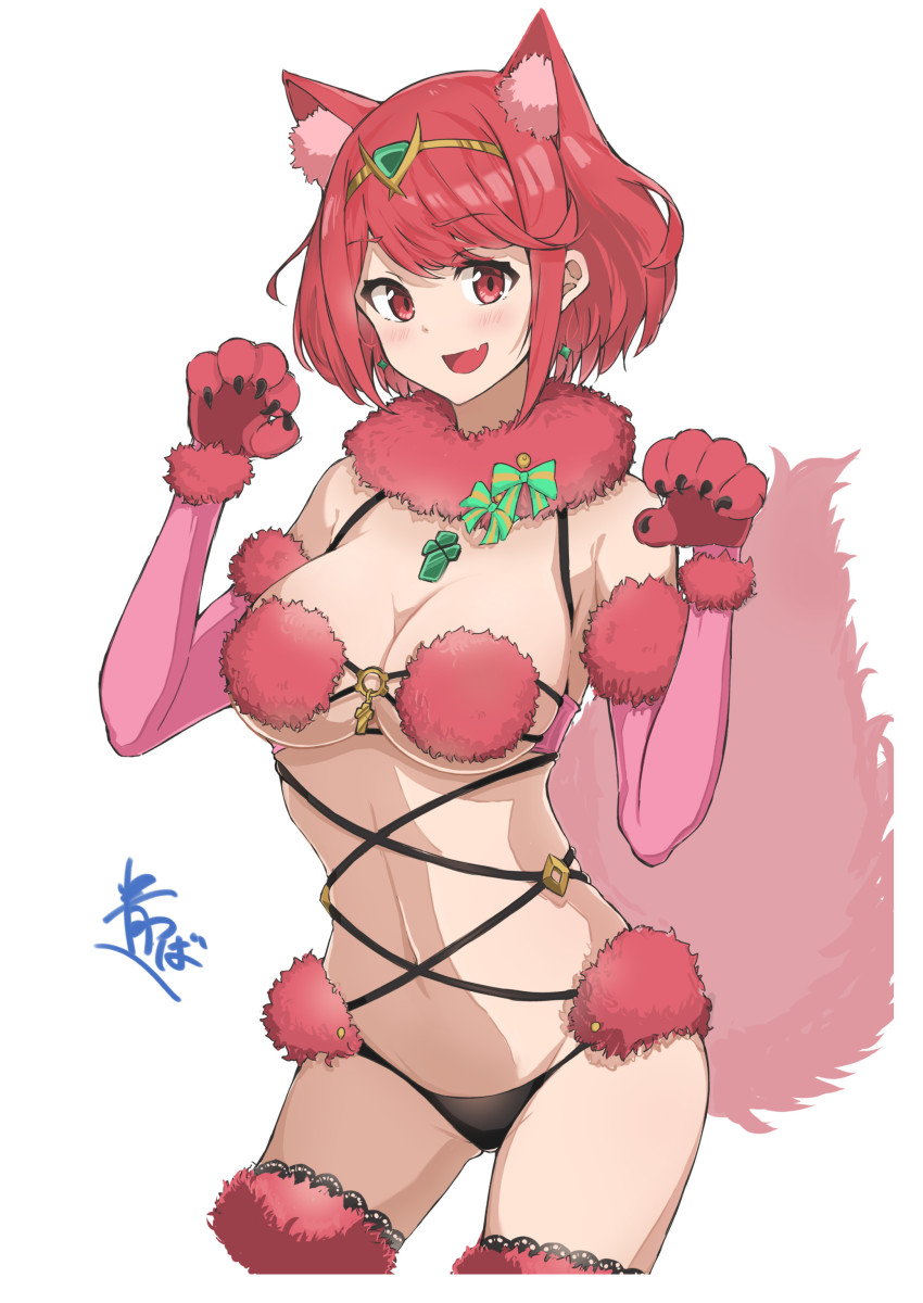 1girl, absurdres, alternate_costume, animal_ears, animal_hands, aotsuba, breasts, cat_girl