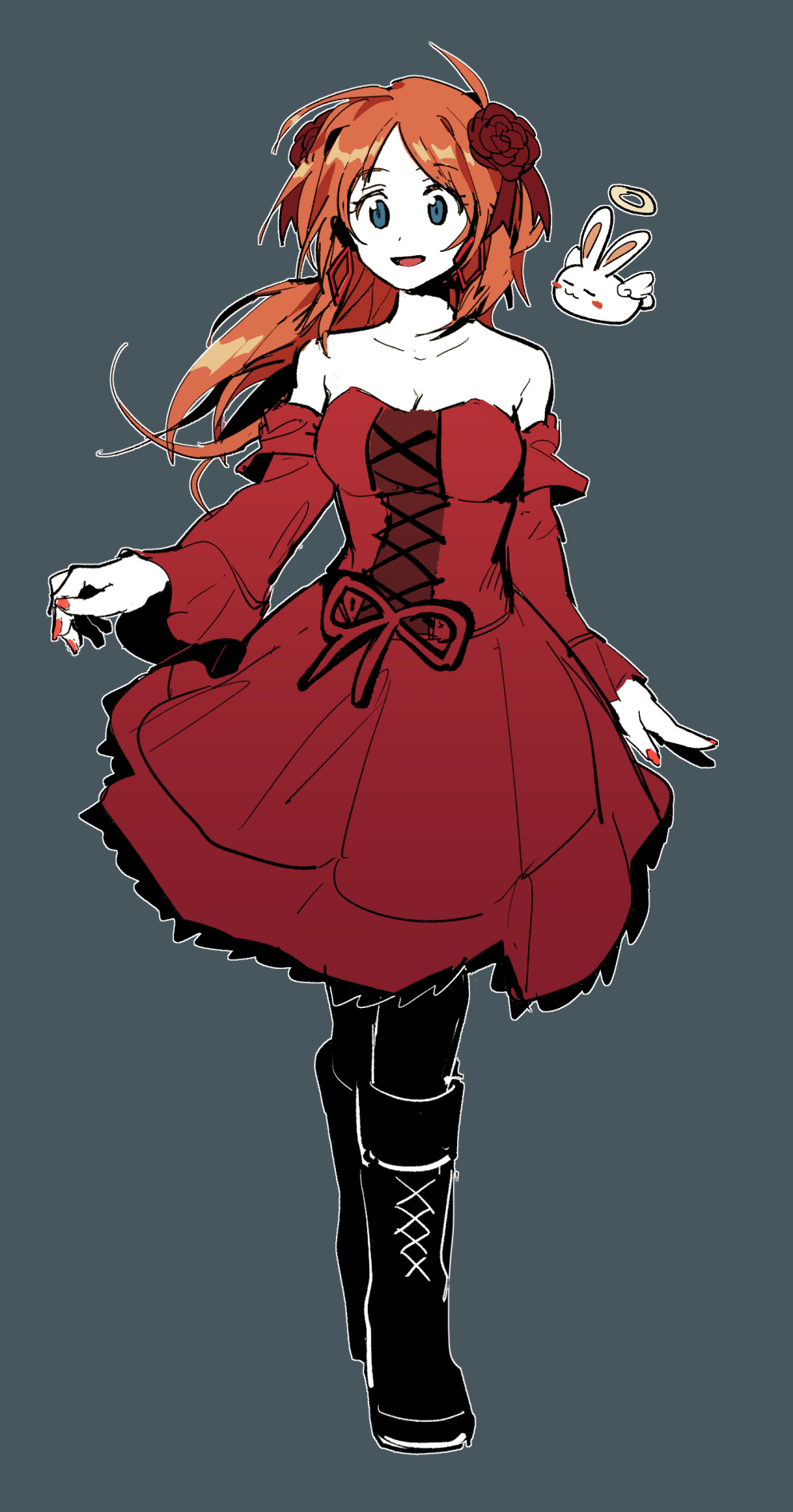 1girl, :d, black_footwear, blue_eyes, breasts, cleavage, cross-laced_clothes, cross-laced_footwear, dress, epic_battle_fantasy, flower, full_body, grey_background, hair_flower, hair_ornament, halo, highres, long_hair, looking_at_viewer, medium_breasts, natalie_(epic_battle_fantasy), off-shoulder_dress, off_shoulder, open_mouth, orange_hair, rabbit_tail, red_dress, red_flower, simple_background, slime_(creature), smile, smoke_(killscreen_s), solo, tail, wings