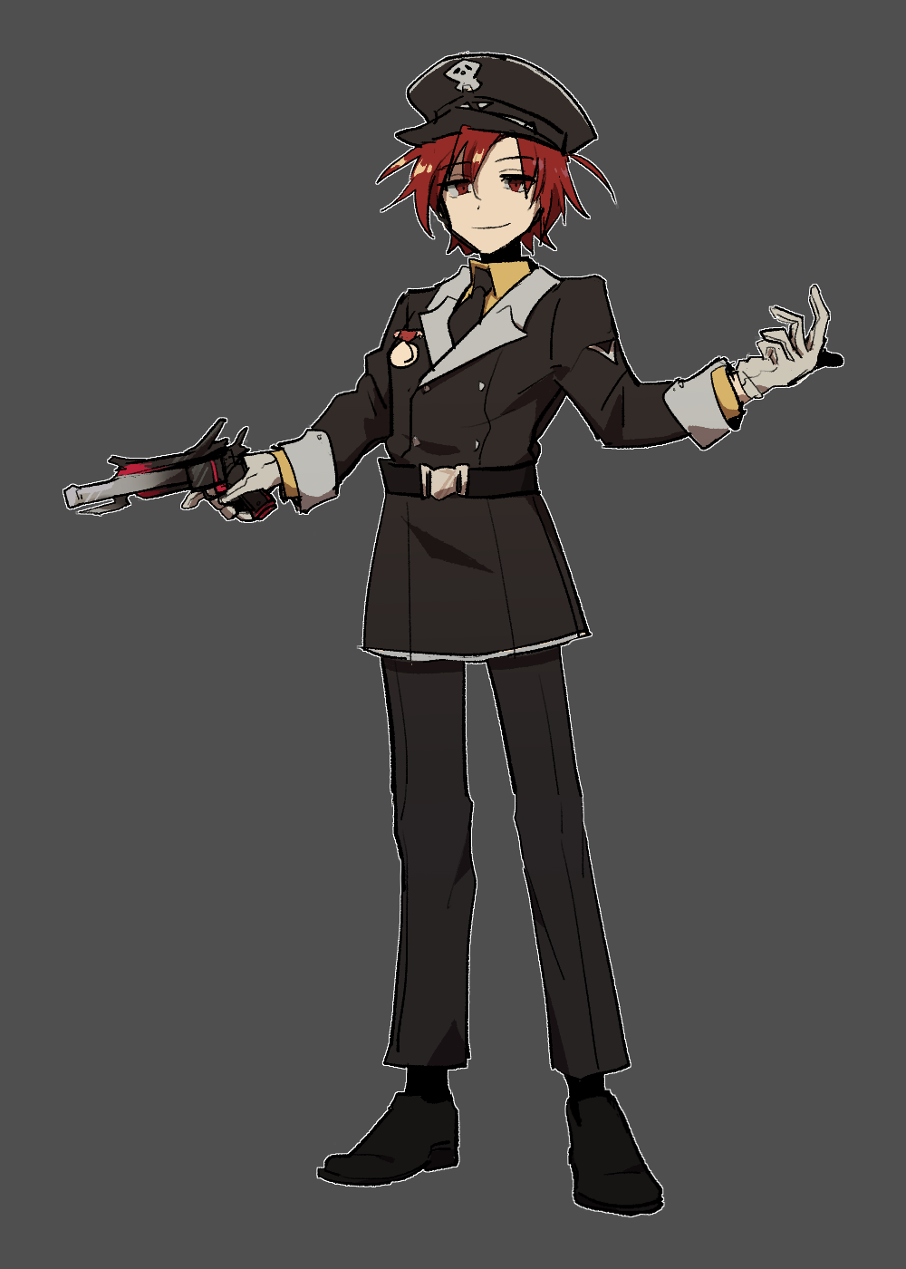 1boy, belt, black_footwear, black_hat, black_pants, brown_eyes, brown_hair, closed_mouth