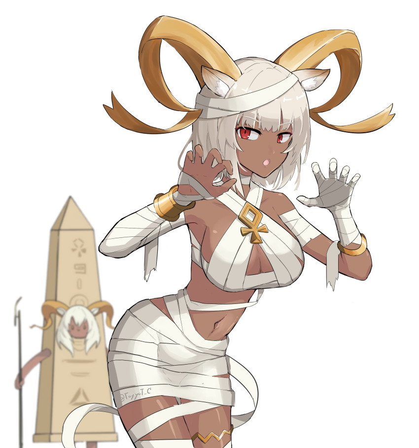 2girls, absurdres, animal_ears, ankh, arknights, beeswax_(arknights), blurry, blurry_background