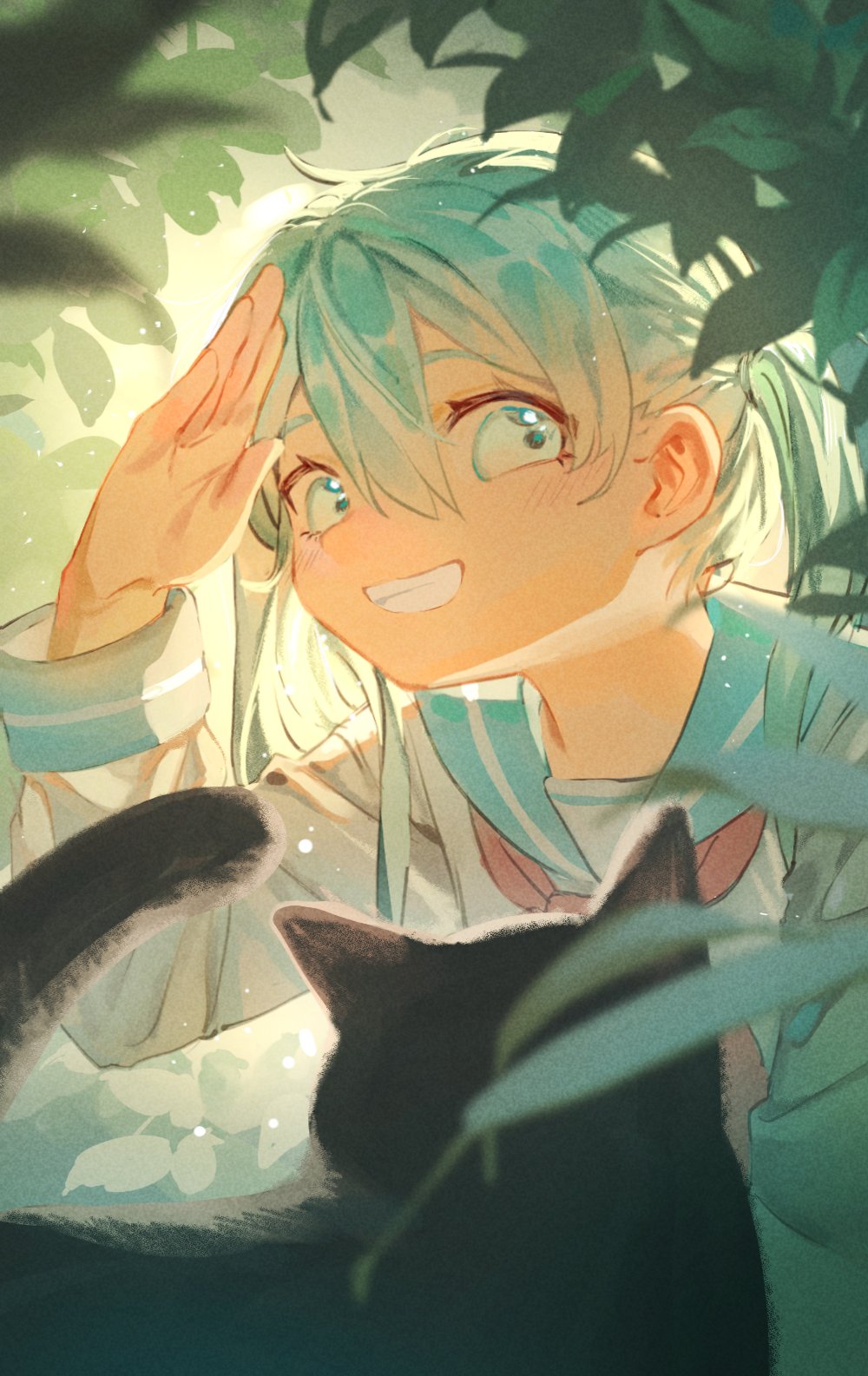 1girl, animal, aqua_eyes, aqua_hair, black_cat, blurry, blush, bush