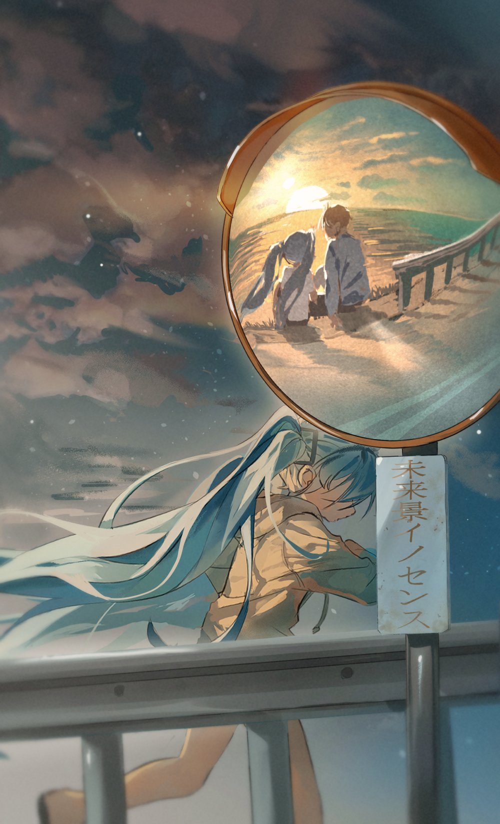 1girl, aqua_hair, beach, blurry, brown_hair, chi_chi3939, cloud, commentary