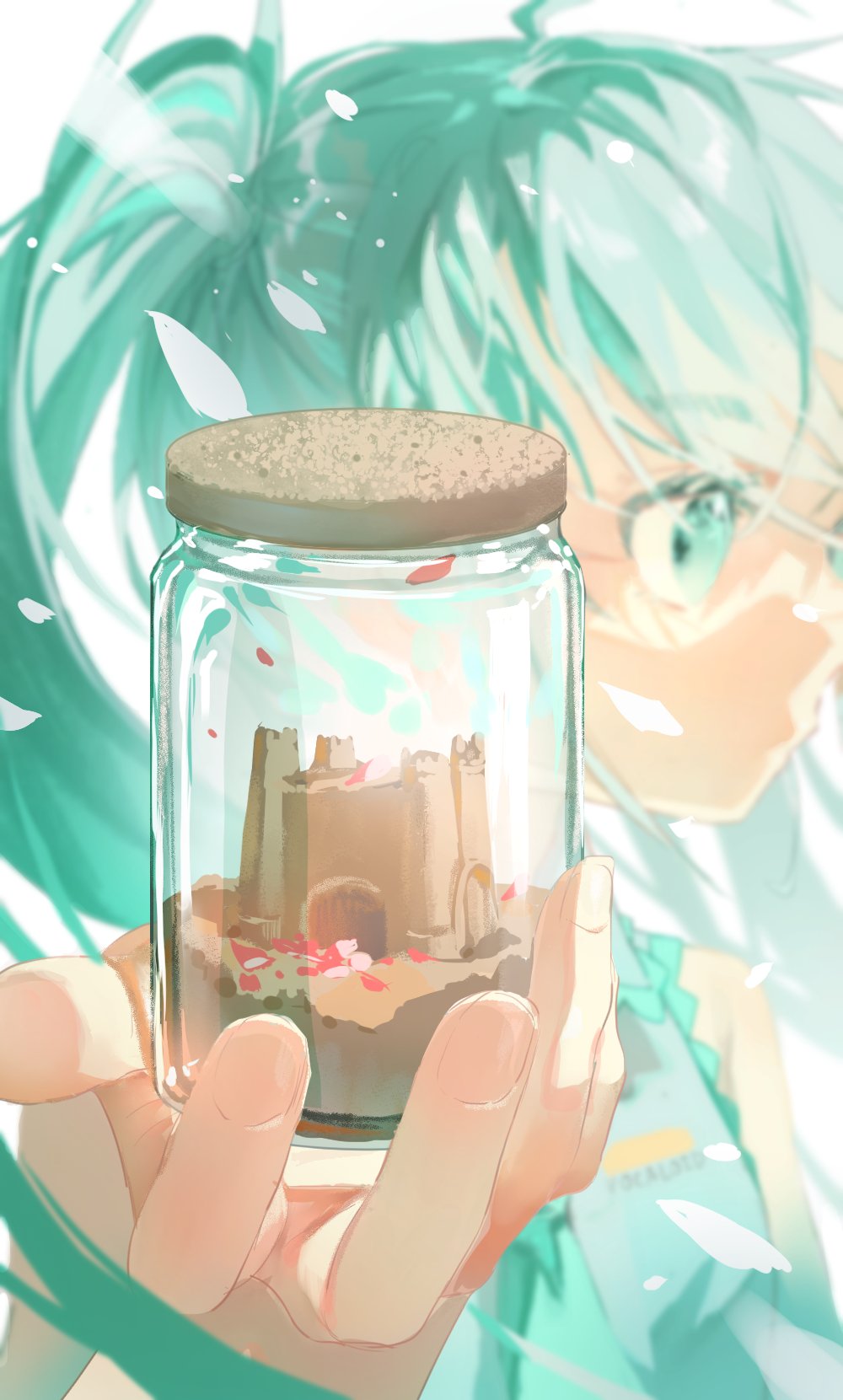 1girl, aqua_eyes, aqua_hair, aqua_necktie, bare_shoulders, blurry, chi_chi3939, commentary, depth_of_field, english_commentary, falling_petals, fingernails, giving, glass_bottle, grey_shirt, hand_up, hatsune_miku, highres, holding, incoming_gift, jar, long_hair, looking_away, looking_to_the_side, mixed-language_commentary, necktie, petals, portrait, reaching, reaching_towards_viewer, sand, sand_castle, sand_sculpture, shirt, sleeveless, sleeveless_shirt, snow_globe, solo, sunlight, twintails, uta_ni_katachi_wa_nai_keredo_(vocaloid), vocaloid, white_background, wind