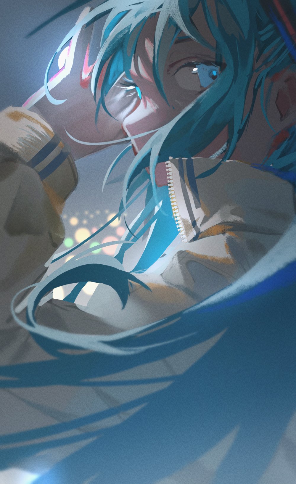 1girl, blue_eyes, blue_hair, blurry, bokeh, chi_chi3939, commentary, depth_of_field