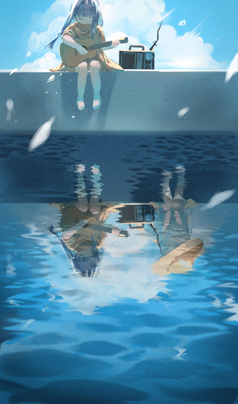 2girls, acoustic_guitar, bare_arms, bare_legs, barefoot, brown_cloak, brown_headwear, chi_chi3939