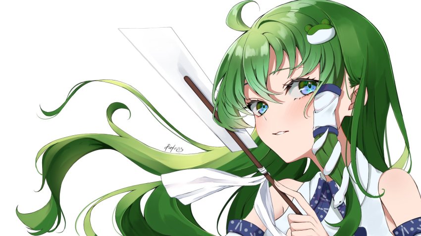 1girl, ahoge, bare_shoulders, blush, commentary, detached_sleeves, floating_hair, frog_hair_ornament