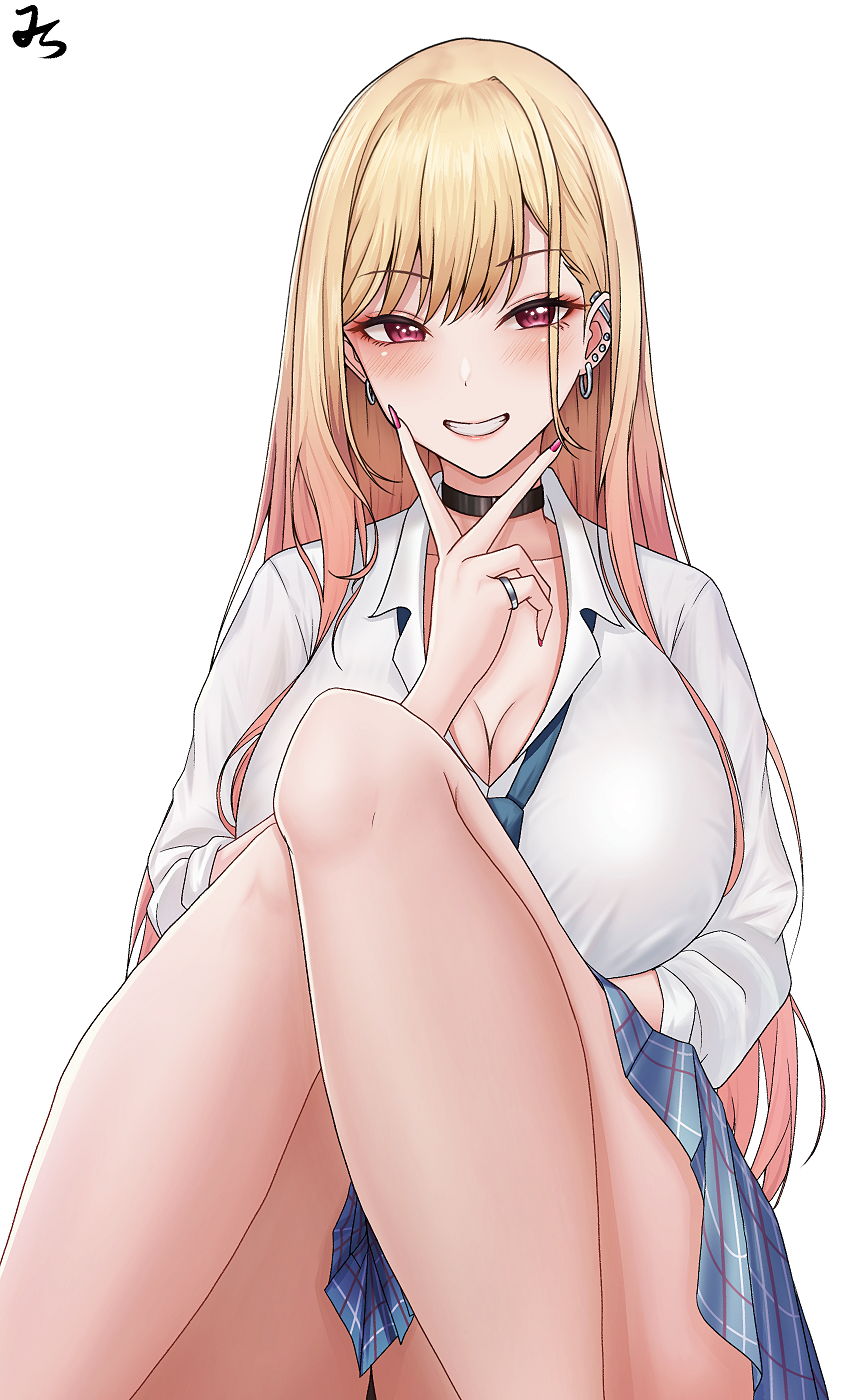 1girl, bare_legs, black_choker, blonde_hair, blue_skirt, breasts, choker, cleavage