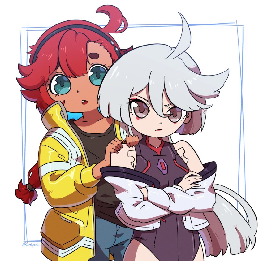 2girls, ahoge, aqua_eyes, commentary, cosplay, cropped_jacket, crossed_arms, cyberpunk_(series)