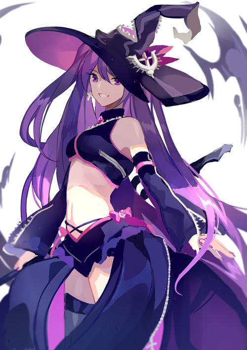 1girl, aisha_landar, black_hat, black_skirt, black_sleeves, breasts, cowboy_shot, crop_top