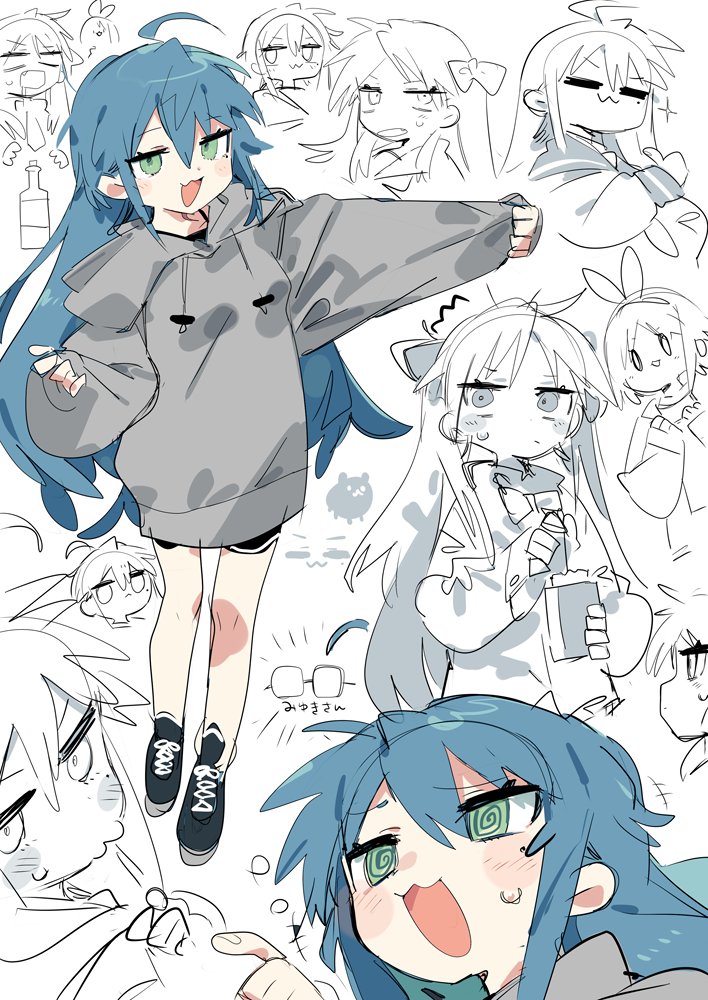 alternate_costume, blue_hair, blush, blush_stickers, bottle, bow, closed_eyes, full_body, glasses, green_eyes, hiiragi_kagami, hiiragi_tsukasa, izumi_konata, karei, lucky_star, mole, mole_under_eye, multiple_girls, open_mouth, variations